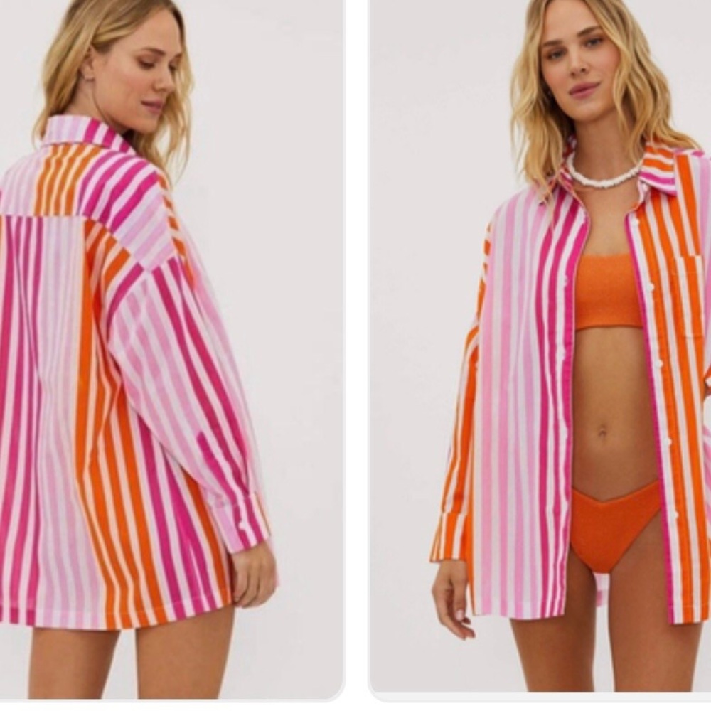 Beach Riot Pink Orange and White Striped Button Down
